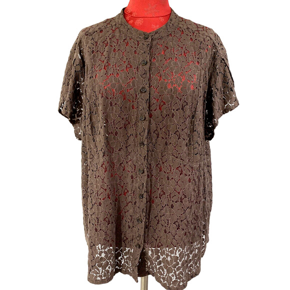 Michael Kors Plus Size Blouse Brown Lace Button Front Top Short Sleeves 3X - Picture 1 of 12